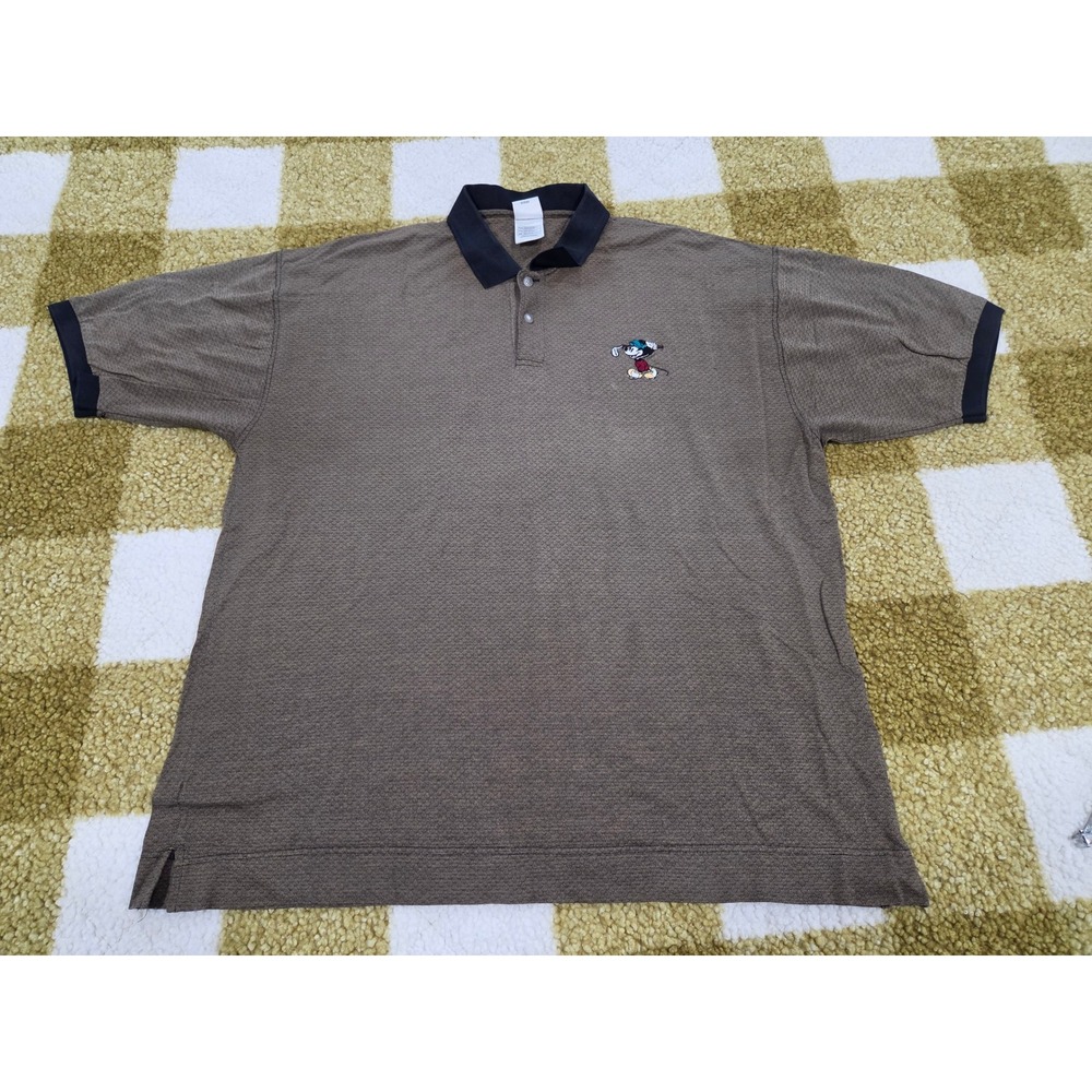 Vintage Disney Store Mickey Mouse Golf Polo Shirt XXL Brown Textured Cotton Mens